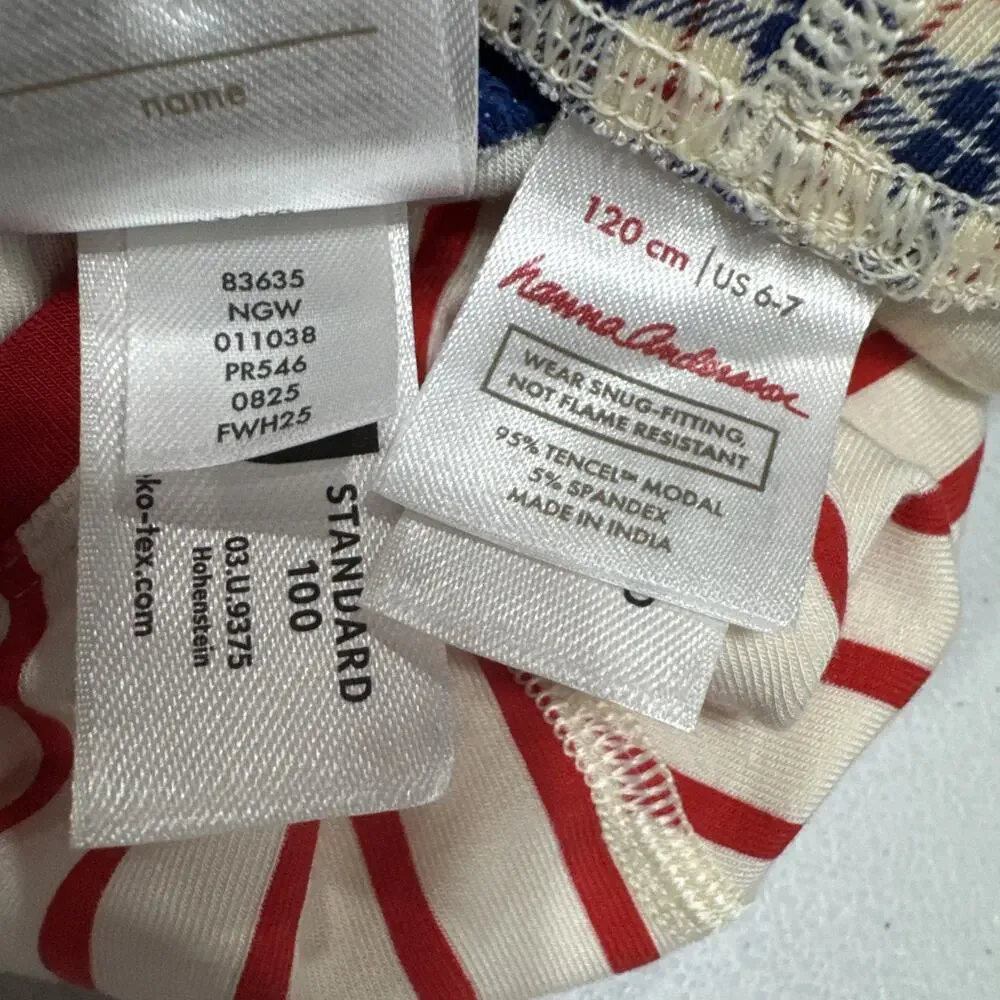 Hanna Andersson Boys Pajama Set & Pjs Top 120 6-7 Blue Plaid Red Stripes Holiday